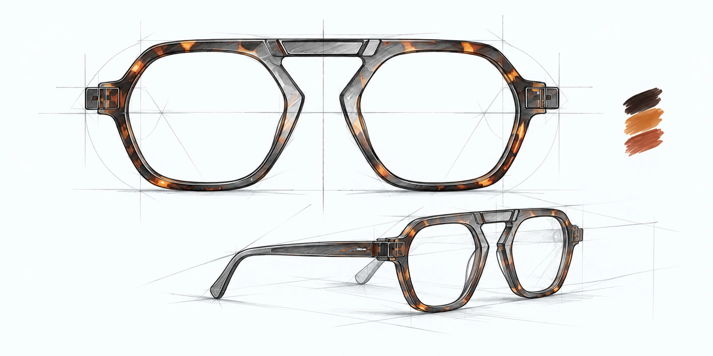 Eyewear design study showing front and perspective drawings with acetate color exploration