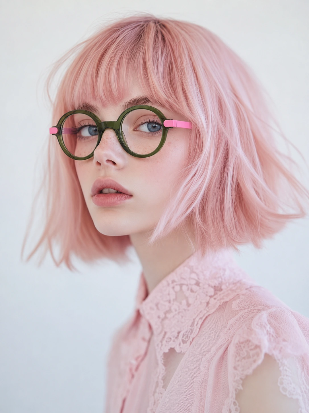 Smartreach eyewear portrait with olive green round frames and pink temples
