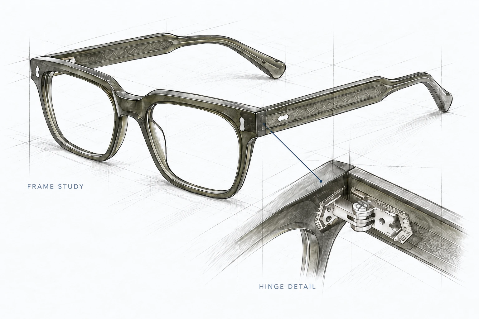 Illustrated acetate frame study with an enlarged hinge detail