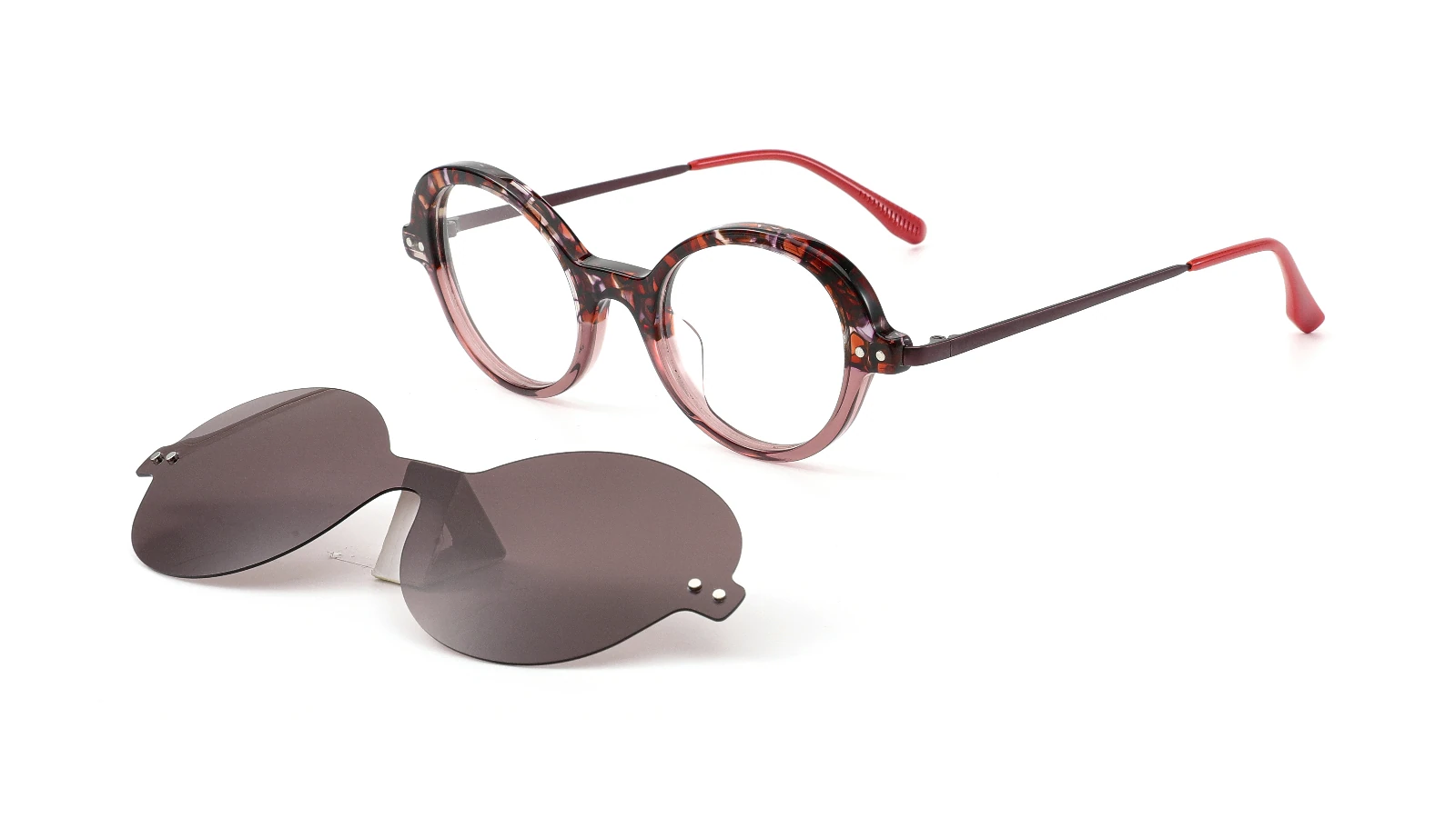 SMC1346 clip-on eyewear, Burgundy — 45° view