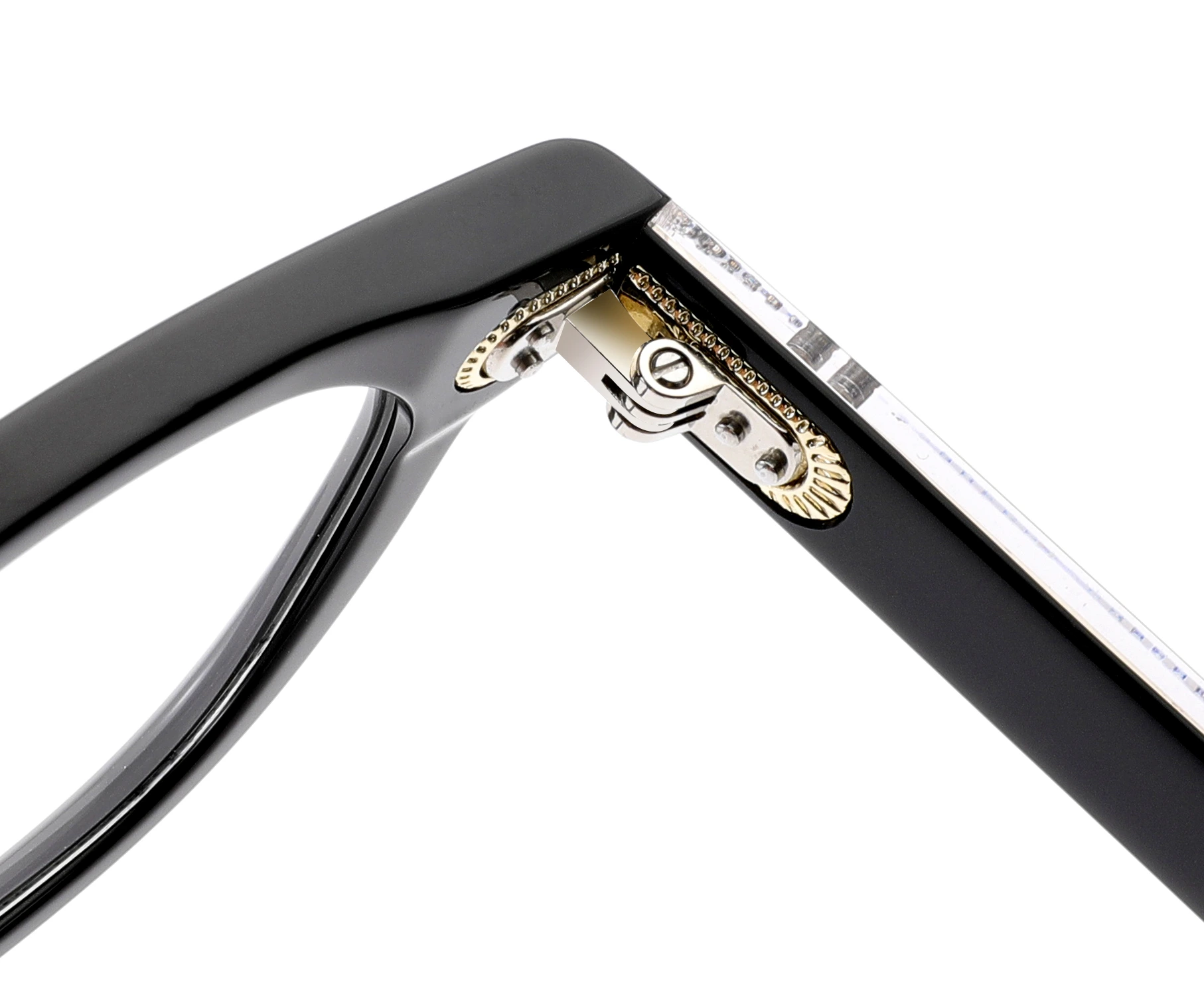 Close-up of the featured optical collection hinge and frame construction